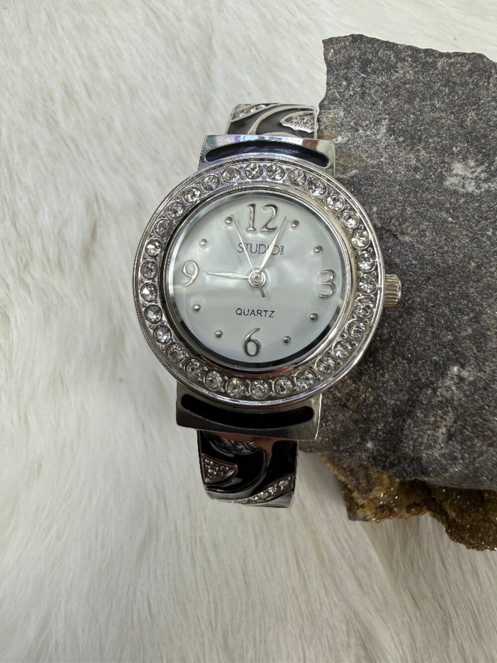 Studio Time Silver Tone & Black Enamel Rhinestone Bracelet Watch NEEDS BATTERY